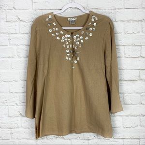 A.K.C Linen Beaded Shell Long Sleeve Tunic Top XL